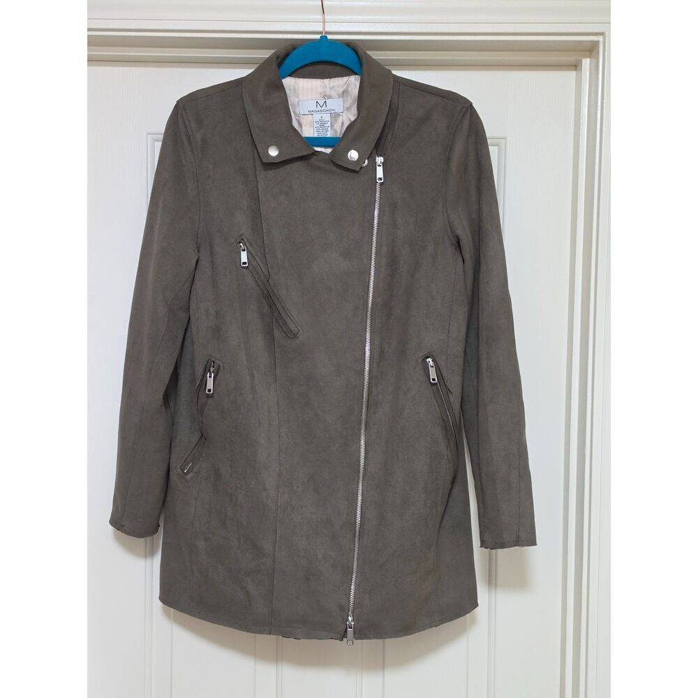 Magaschoni Women's Faux Suede Longline Moto Jacket in Olive/Taupe - Size S